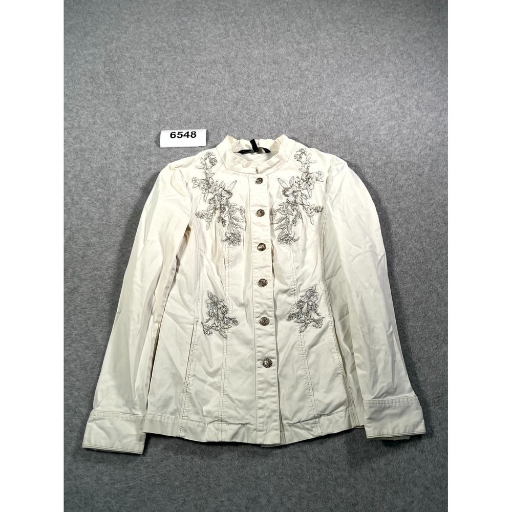 White House Black Market Jacket Womens 4 White Mandarin‎ Neck Floral Embroidered